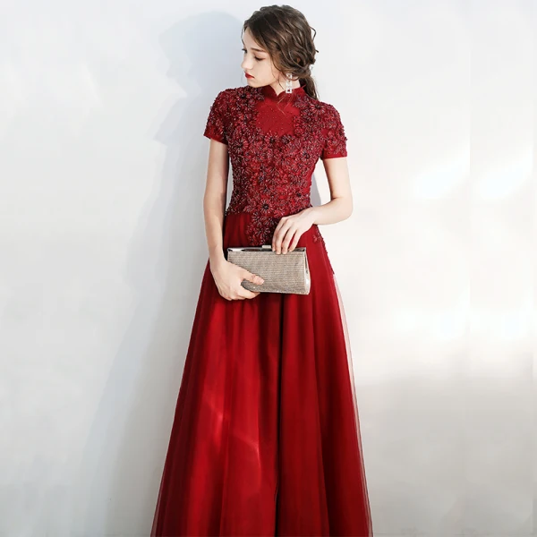 Vintage / Retro Burgundy Evening Dresses  2020 A-Line / Princess High Neck Short Sleeve Appliques Lace Beading Floor-Length / Long Ruffle Backless Formal Dresses