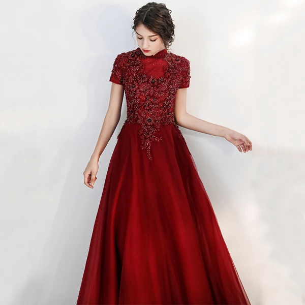 Vintage / Retro Burgundy Evening Dresses  2020 A-Line / Princess High Neck Short Sleeve Appliques Lace Beading Floor-Length / Long Ruffle Backless Formal Dresses