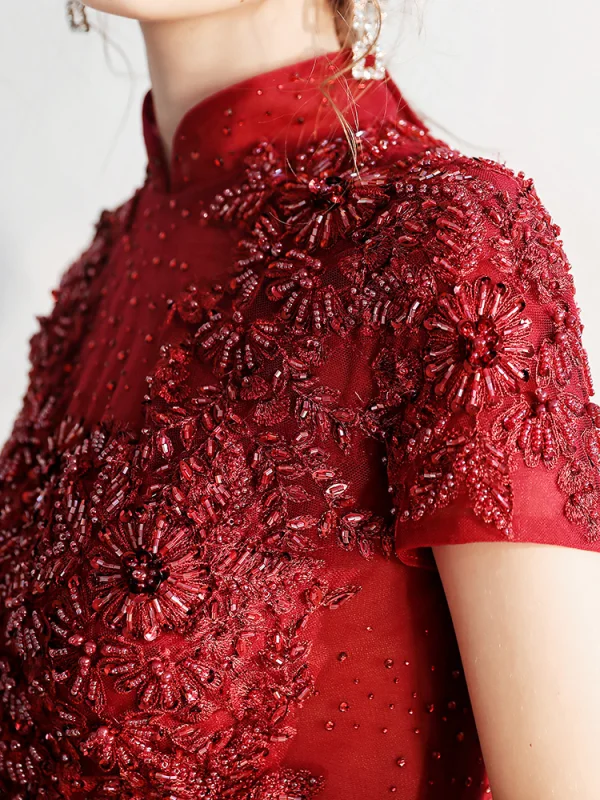 Vintage / Retro Burgundy Evening Dresses  2020 A-Line / Princess High Neck Short Sleeve Appliques Lace Beading Floor-Length / Long Ruffle Backless Formal Dresses