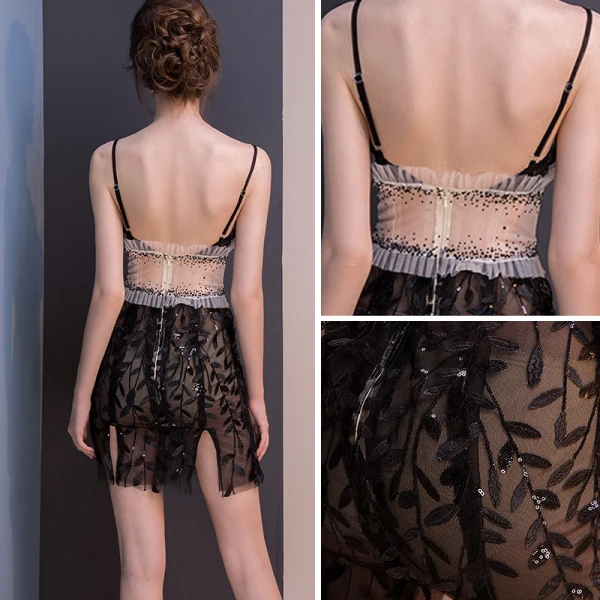 Sexy Schwarz Durchsichtige Partykleider 2018 Spaghettiträger Ärmellos Strass Applikationen Spitze Pailletten Kurze Rüschen Rückenfreies Festliche Kleider