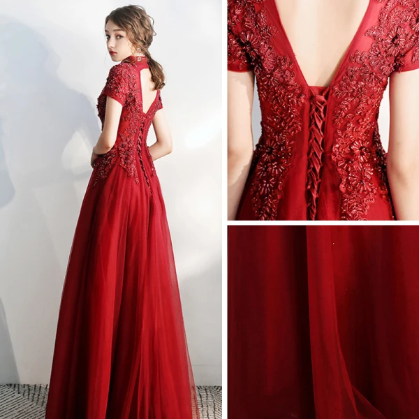 Vintage / Retro Burgundy Evening Dresses  2020 A-Line / Princess High Neck Short Sleeve Appliques Lace Beading Floor-Length / Long Ruffle Backless Formal Dresses