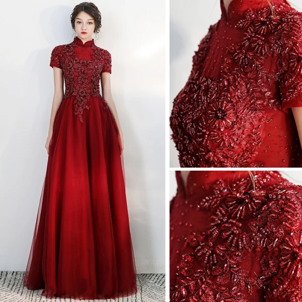 Vintage / Retro Burgundy Evening Dresses  2020 A-Line / Princess High Neck Short Sleeve Appliques Lace Beading Floor-Length / Long Ruffle Backless Formal Dresses