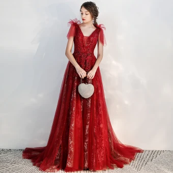 Chic Beautiful Burgundy Evening Dresses 2020 A Line Princess V Neck Short Sleeve Appliques Lace Beading Glitter Tulle Sweep Train Ruffle Backless Formal Dresses