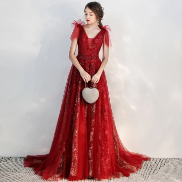 Chic Beautiful Burgundy Evening Dresses 2020 A Line Princess V Neck Short Sleeve Appliques Lace Beading Glitter Tulle Sweep Train Ruffle Backless Formal Dresses