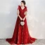 Chic / Beautiful Burgundy Evening Dresses  2020 A-Line / Princess V-Neck Short Sleeve Appliques Lace Beading Glitter Tulle Sweep Train Ruffle Backless Formal Dresses