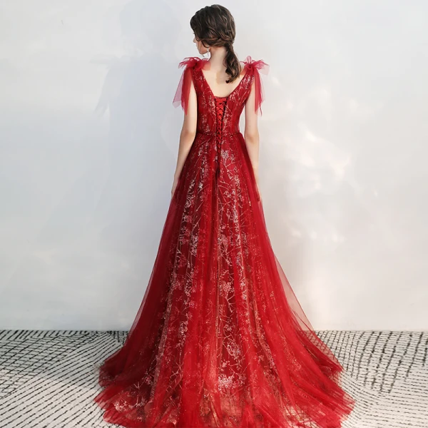 Chic / Beautiful Burgundy Evening Dresses  2020 A-Line / Princess V-Neck Short Sleeve Appliques Lace Beading Glitter Tulle Sweep Train Ruffle Backless Formal Dresses