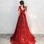 Chic / Beautiful Burgundy Evening Dresses  2020 A-Line / Princess V-Neck Short Sleeve Appliques Lace Beading Glitter Tulle Sweep Train Ruffle Backless Formal Dresses