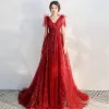 Chic / Beautiful Burgundy Evening Dresses  2020 A-Line / Princess V-Neck Short Sleeve Appliques Lace Beading Glitter Tulle Sweep Train Ruffle Backless Formal Dresses