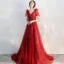Chic / Beautiful Burgundy Evening Dresses  2020 A-Line / Princess V-Neck Short Sleeve Appliques Lace Beading Glitter Tulle Sweep Train Ruffle Backless Formal Dresses