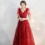 Chic / Beautiful Burgundy Evening Dresses  2020 A-Line / Princess V-Neck Short Sleeve Appliques Lace Beading Glitter Tulle Sweep Train Ruffle Backless Formal Dresses