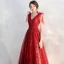 Chic / Beautiful Burgundy Evening Dresses  2020 A-Line / Princess V-Neck Short Sleeve Appliques Lace Beading Glitter Tulle Sweep Train Ruffle Backless Formal Dresses