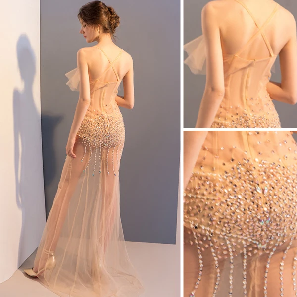 Sexy Champagne Transparentes Robe De Soirée 2018 Trompette / Sirène Manches Courtes Bretelles Spaghetti Paillettes Perlage Gland Train De Balayage Volants Dos Nu Robe De Ceremonie