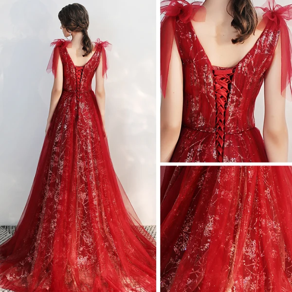 Chic / Beautiful Burgundy Evening Dresses  2020 A-Line / Princess V-Neck Short Sleeve Appliques Lace Beading Glitter Tulle Sweep Train Ruffle Backless Formal Dresses