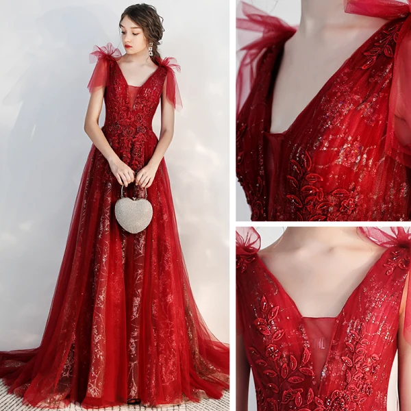 Chic / Beautiful Burgundy Evening Dresses  2020 A-Line / Princess V-Neck Short Sleeve Appliques Lace Beading Glitter Tulle Sweep Train Ruffle Backless Formal Dresses