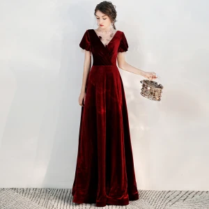 Chic Belle Bordeaux Daim Robe De Soirée 2020 Princesse Transparentes Col Haut Gonflée Manches Courtes Perlage Longue Volants Dos Nu Robe De Ceremonie