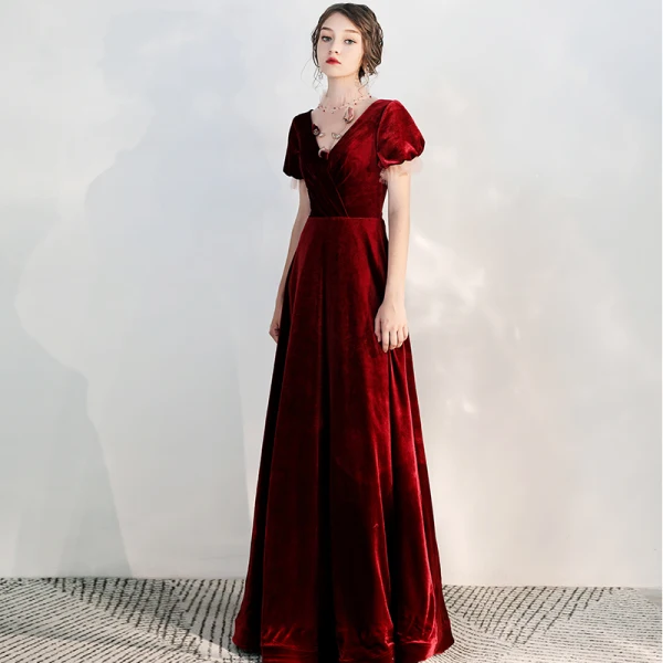 Chic / Belle Bordeaux Daim Robe De Soirée 2020 Princesse Transparentes Col Haut Gonflée Manches Courtes Perlage Longue Volants Dos Nu Robe De Ceremonie