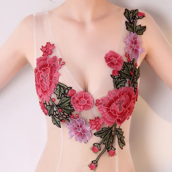 Sexy Ivoire Transparentes Robe De Soirée 2018 Trompette / Sirène V-Cou Sans Manches Appliques Brodé Train De Balayage Volants Dos Nu Robe De Ceremonie