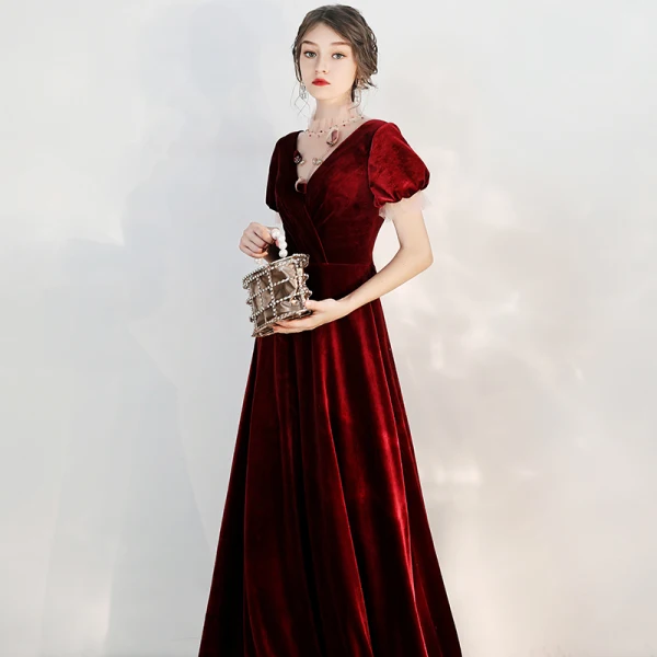 Chic / Belle Bordeaux Daim Robe De Soirée 2020 Princesse Transparentes Col Haut Gonflée Manches Courtes Perlage Longue Volants Dos Nu Robe De Ceremonie