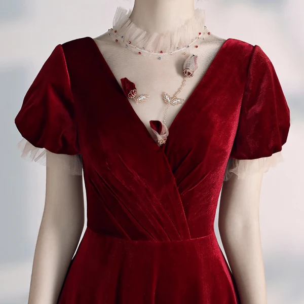 Chic / Belle Bordeaux Daim Robe De Soirée 2020 Princesse Transparentes Col Haut Gonflée Manches Courtes Perlage Longue Volants Dos Nu Robe De Ceremonie