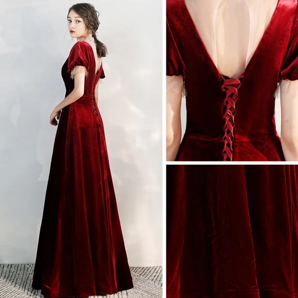 Chic / Belle Bordeaux Daim Robe De Soirée 2020 Princesse Transparentes Col Haut Gonflée Manches Courtes Perlage Longue Volants Dos Nu Robe De Ceremonie