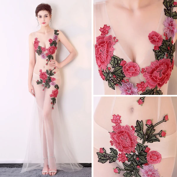 Sexy Ivoire Transparentes Robe De Soirée 2018 Trompette / Sirène V-Cou Sans Manches Appliques Brodé Train De Balayage Volants Dos Nu Robe De Ceremonie