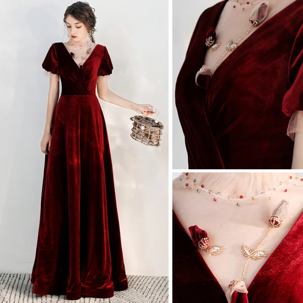 Chic / Belle Bordeaux Daim Robe De Soirée 2020 Princesse Transparentes Col Haut Gonflée Manches Courtes Perlage Longue Volants Dos Nu Robe De Ceremonie