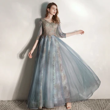 Chic Belle Bleu D Encre Robe De Soirée 2020 Princesse V Cou 3 4 Manches Perlage Glitter Tulle Longue Volants Dos Nu Robe De Ceremonie