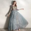 Chic / Belle Bleu D'encre Robe De Soirée 2020 Princesse V-Cou 3/4 Manches Perlage Glitter Tulle Longue Volants Dos Nu Robe De Ceremonie