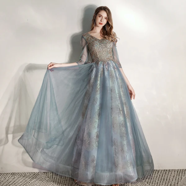 Chic / Belle Bleu D'encre Robe De Soirée 2020 Princesse V-Cou 3/4 Manches Perlage Glitter Tulle Longue Volants Dos Nu Robe De Ceremonie