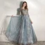 Chic / Belle Bleu D'encre Robe De Soirée 2020 Princesse V-Cou 3/4 Manches Perlage Glitter Tulle Longue Volants Dos Nu Robe De Ceremonie