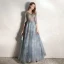 Chic / Belle Bleu D'encre Robe De Soirée 2020 Princesse V-Cou 3/4 Manches Perlage Glitter Tulle Longue Volants Dos Nu Robe De Ceremonie