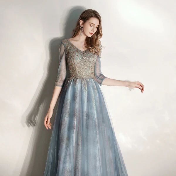 Chic / Belle Bleu D'encre Robe De Soirée 2020 Princesse V-Cou 3/4 Manches Perlage Glitter Tulle Longue Volants Dos Nu Robe De Ceremonie