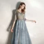 Chic / Belle Bleu D'encre Robe De Soirée 2020 Princesse V-Cou 3/4 Manches Perlage Glitter Tulle Longue Volants Dos Nu Robe De Ceremonie
