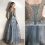 Chic / Belle Bleu D'encre Robe De Soirée 2020 Princesse V-Cou 3/4 Manches Perlage Glitter Tulle Longue Volants Dos Nu Robe De Ceremonie
