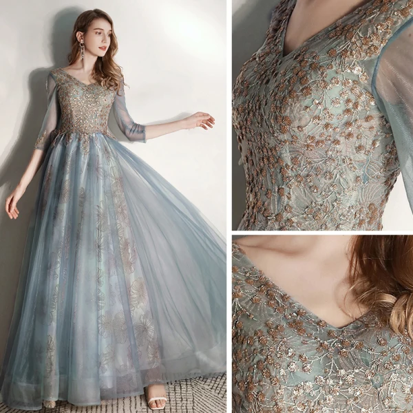 Chic / Belle Bleu D'encre Robe De Soirée 2020 Princesse V-Cou 3/4 Manches Perlage Glitter Tulle Longue Volants Dos Nu Robe De Ceremonie