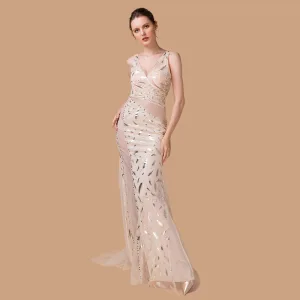 Sexy Champagne See Through Evening Dresses 2018 Trumpet Mermaid V Neck Sleeveless Rhinestone Glitter Printing Flower Sweep Train Ruffle Backless Formal Dresses