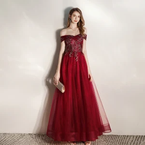 Élégant Bordeaux Robe De Soirée 2020 Princesse De L 039 Épaule Manches Courtes Glitter Tulle Perlage Longue Volants Dos Nu Robe De Ceremonie