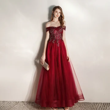 Élégant Bordeaux Robe De Soirée 2020 Princesse De L 039 Épaule Manches Courtes Glitter Tulle Perlage Longue Volants Dos Nu Robe De Ceremonie