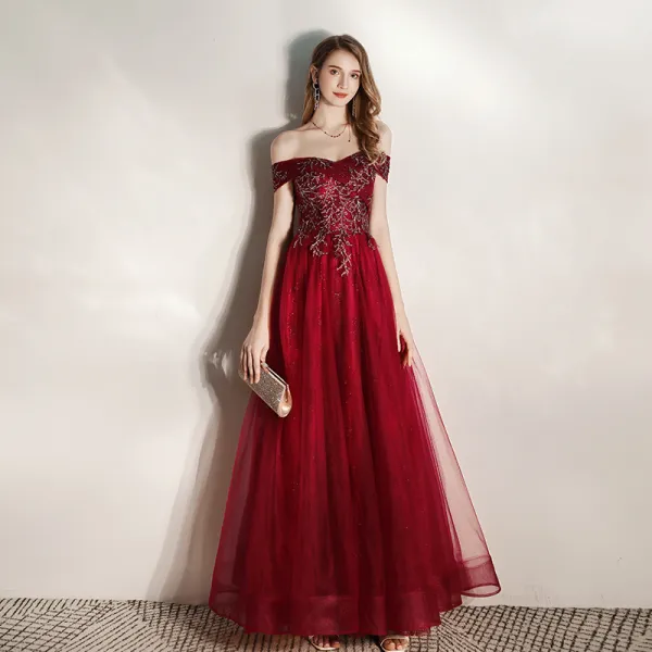 Elegant Burgundy Evening Dresses  2020 A-Line / Princess Off-The-Shoulder Short Sleeve Glitter Tulle Beading Floor-Length / Long Ruffle Backless Formal Dresses