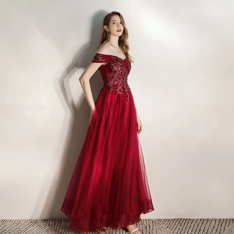green emerald velvet dress A-Line Off Shoulder Tulle Blue Long Prom Dress, Blue Long Evening Dres –  dresstby main image 0