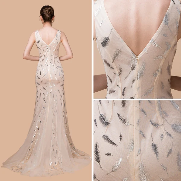 Sexy Champagne See-through Evening Dresses 2018 Trumpet / Mermaid V-Neck Sleeveless Rhinestone Glitter Printing Flower Sweep Train Ruffle Backless Formal Dresses