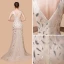 Sexy Champagne See-through Evening Dresses  2018 Trumpet / Mermaid V-Neck Sleeveless Rhinestone Glitter Printing Flower Sweep Train Ruffle Backless Formal Dresses