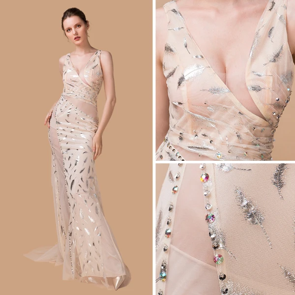 Sexy Champagne See-through Evening Dresses 2018 Trumpet / Mermaid V-Neck Sleeveless Rhinestone Glitter Printing Flower Sweep Train Ruffle Backless Formal Dresses