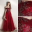 Élégant Bordeaux Robe De Soirée 2020 Princesse De l'épaule Manches Courtes Glitter Tulle Perlage Longue Volants Dos Nu Robe De Ceremonie