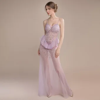 Sexy Lavande Transparentes Robe De Soirée 2018 Trompette Sirène Sans Manches Bretelles Spaghetti Faux Diamant Perlage Paillettes Longue Volants Dos Nu Robe De Ceremonie