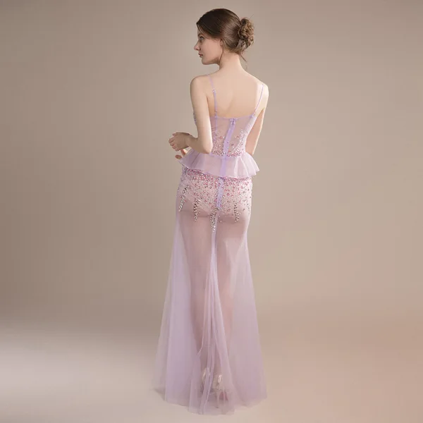 Sexy Lavande Transparentes Robe De Soirée 2018 Trompette / Sirène Sans Manches Bretelles Spaghetti Faux Diamant Perlage Paillettes Longue Volants Dos Nu Robe De Ceremonie