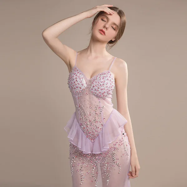Sexy Lavande Transparentes Robe De Soirée 2018 Trompette / Sirène Sans Manches Bretelles Spaghetti Faux Diamant Perlage Paillettes Longue Volants Dos Nu Robe De Ceremonie