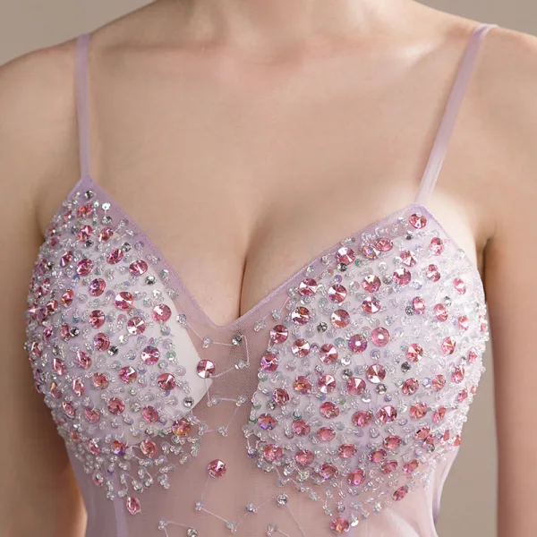 Sexy Lavande Transparentes Robe De Soirée 2018 Trompette / Sirène Sans Manches Bretelles Spaghetti Faux Diamant Perlage Paillettes Longue Volants Dos Nu Robe De Ceremonie