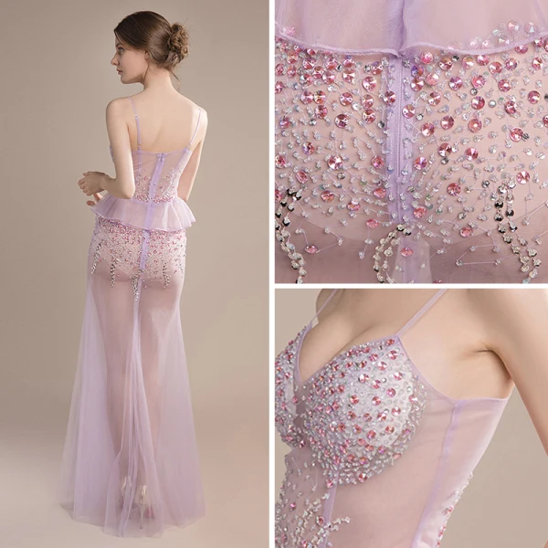 Sexy Lavande Transparentes Robe De Soirée 2018 Trompette / Sirène Sans Manches Bretelles Spaghetti Faux Diamant Perlage Paillettes Longue Volants Dos Nu Robe De Ceremonie