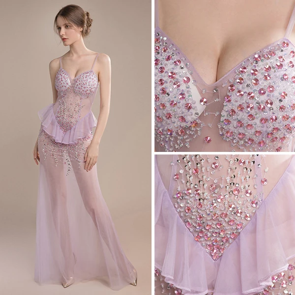 Sexy Lavande Transparentes Robe De Soirée 2018 Trompette / Sirène Sans Manches Bretelles Spaghetti Faux Diamant Perlage Paillettes Longue Volants Dos Nu Robe De Ceremonie